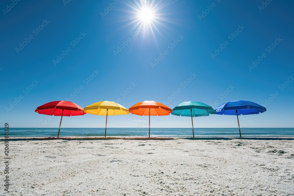 Fototapeta premium Row of vibrant beach umbrellas against a bright, sunny sky and ocean