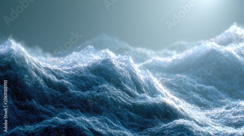 Luminous, turbulent ocean waves shimmer with light, reflecting an ethereal sky