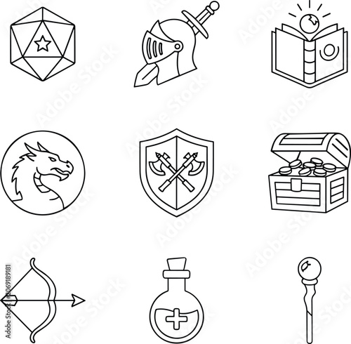 Fotografie Fantasy roleplaying game line art icon set including dice helmet dragon shield and treasure chest