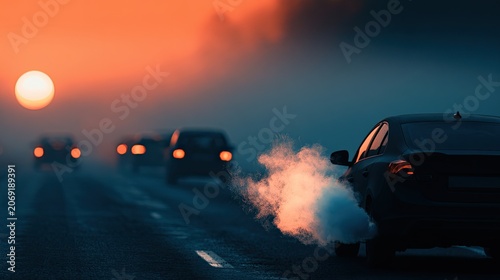 Cars on a road emitting exhaust fumes under a hazy sunrise