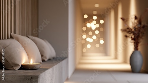 Soft light illuminates a tranquil spa hallway with plush pillows