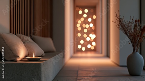 Serene walkway with soft lighting, cushions, and a tranquil candle