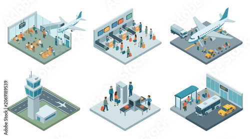 Konstfotografi Isometric airport set showing check-in, security, boarding, aircraft maintenance