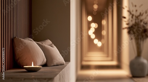 Cozy nook with soft pillows, candle, and a blurred hallway with lights