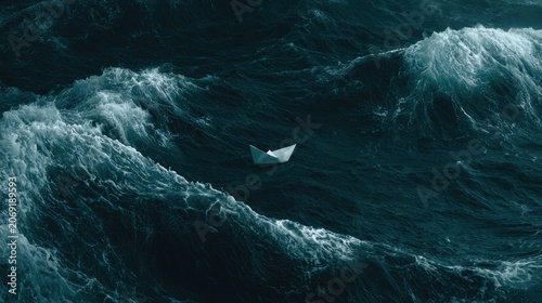 Lone origami boat navigates tumultuous, dark blue ocean waves