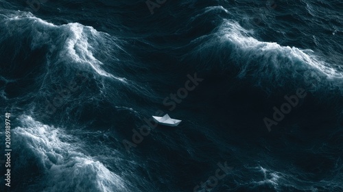 Tiny paper boat adrift on stormy, dark ocean waves