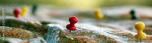 Colorful map pins mark locations on a detailed topographical map