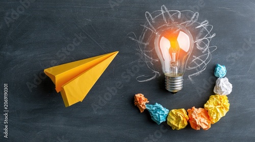 Yellow paper airplane flies towards glowing lightbulb and crumpled paper ideas