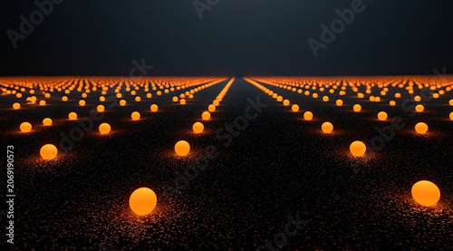 Rows of glowing orange spheres receding into a dark, starry expanse