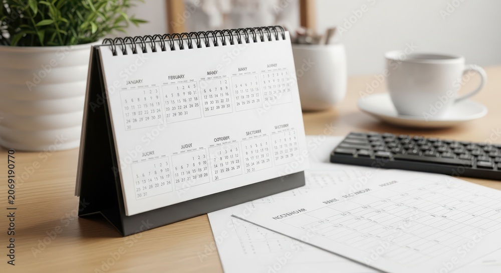 Obraz premium Desk calendar displaying monthly planning with paperwork and calculator on wooden table for organization and time management