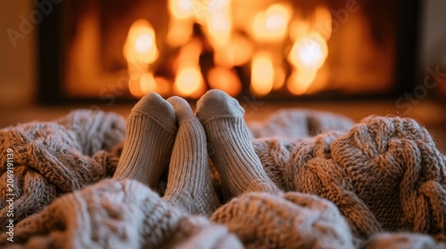 Cozy feet in socks under a knit blanket by a warm, glowing fire
