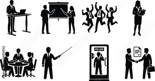 Corporate business people and executive team silhouettes icon set featuring office presentation meeting partnership handshake and success celebration