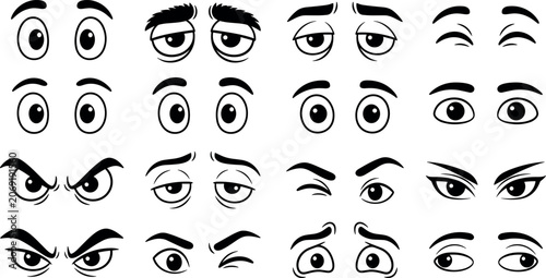 Canvastavla Vector black and white linear illustration set featuring various cartoon eyes co