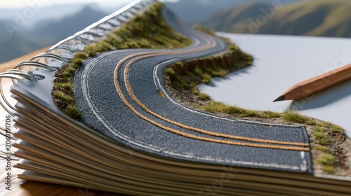 Miniature winding road on open sketchpad, pencil poised to continue journey