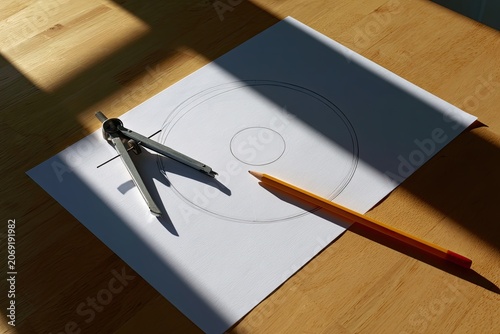 Compass and pencil on paper with drawn concentric circles, lit by sunbeams