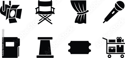 Obraz na plátně Cinema and theater production icons set featuring director chair spotlight micro