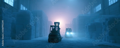 Forklifts move through a cold, foggy warehouse piled with white cubes under artificial lights