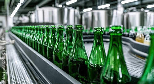 Rows of green glass bottles move along an automated production line