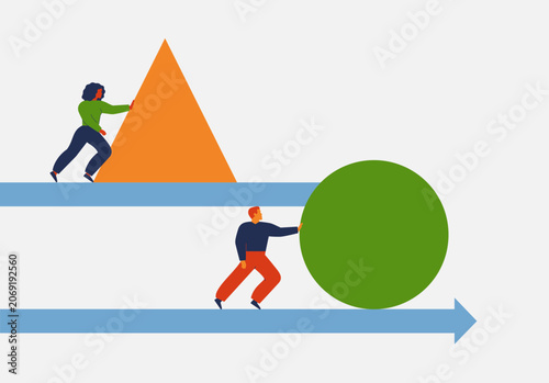 advantage and unfair competition in business. Gender discrimination. Woman moving triangle with effort and man rolls the ball forward with ease. vector illustration