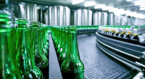 Green bottles march on a curved, automated factory line, ready for filling