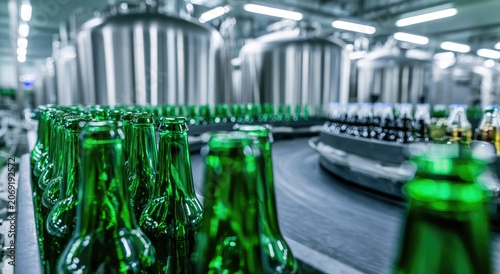 Rows of green glass bottles moving on a conveyor belt in a factory