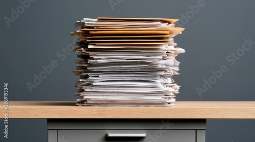 Tall stack of paperwork and folders on a desk, a common office sight