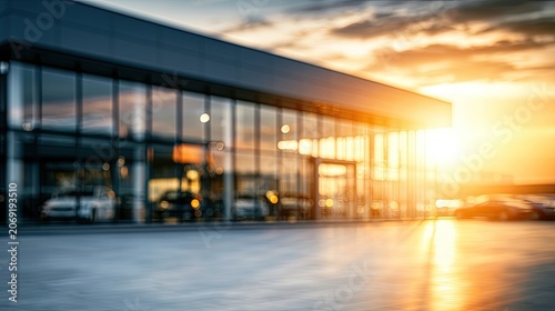 Modern showroom with reflective windows at sunset, cars visible inside