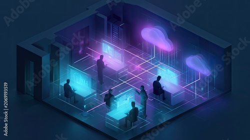 Isometric view of modern office with glowing screens, data streams, and cloud integrations