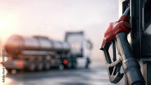 Fuel nozzle at a station, with a tanker truck in soft focus background