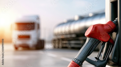 Red gas pump nozzle against a blurred backdrop of a tanker truck