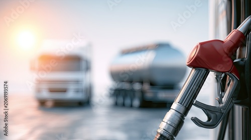 Fuel nozzle in foreground, tanker trucks on road at sunrise