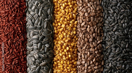Five colorful, textured rows of various seeds and grains