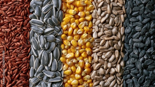 Close-up of five distinct rows of birdseed, creating a vibrant, textured tapestry