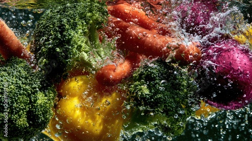 Fresh vegetables, broccoli, carrots, peppers, onion splash into water