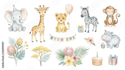 Canvas Print Cute safari animals with tropical floral accents in soft watercolor style