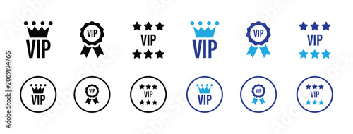 VIP Membership Icons Collection Set. Featuring Crown, Premium Badge, Exclusive Award, Five Star Rating and Luxury Access Symbols in Modern Blue Flat Vector Style