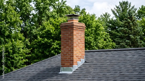 Brick chimney on a residential roof with metal flashing and a chimney cap against a background of trees