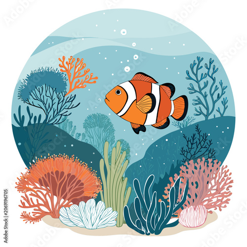 clownfish silhouette navigating coral structures balanced underwater vector