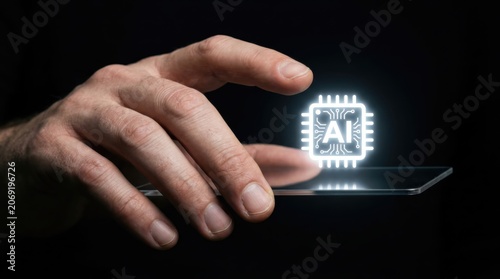 Man hand touching glowing AI chip hologram on transparent screen. Future artificial intelligence technology development concept. Digital automation and neural network innovation for business.