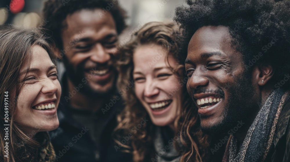 Fototapeta premium Diverse group of friends sharing a candid moment of laughter outdoors