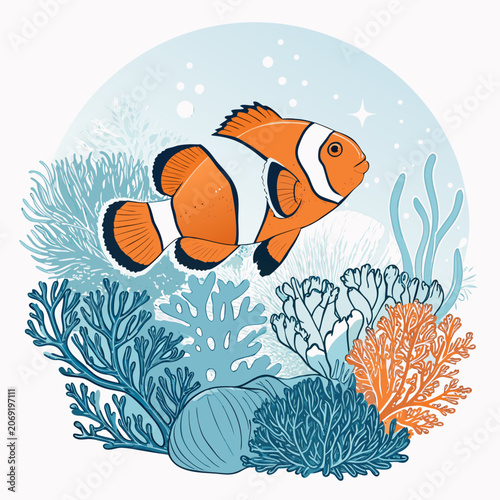 clownfish silhouette navigating coral structures balanced underwater vector