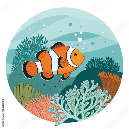 clownfish silhouette navigating coral structures balanced underwater vector