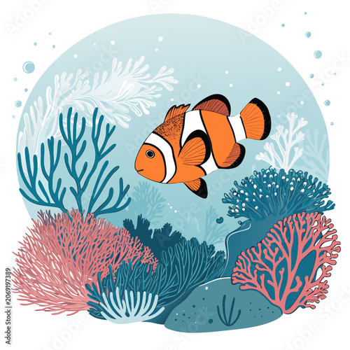 clownfish silhouette navigating coral structures balanced underwater vector