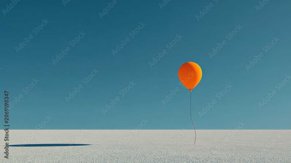 Fototapeta premium Bright Orange Balloon Floating Above a Minimalist Desert Landscape