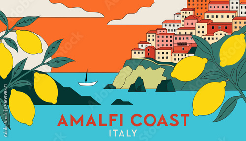 Konstfotografi Amalfi coast italy scenic travel poster with hillside town, sailboat, and lemon trees
