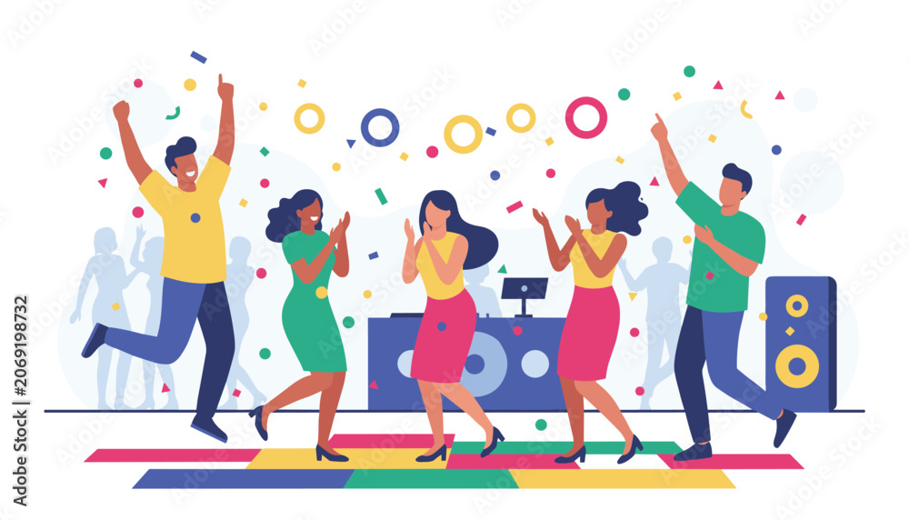 Fototapeta premium Happy diverse friends dancing and celebrating at a colorful party with confetti and a music DJ in the background.