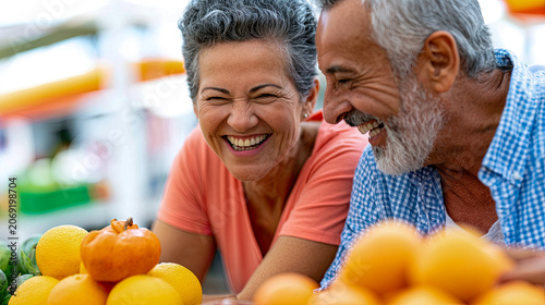 Joyful moments shared between two seniors at a vibrant market filled with fresh fruits and laughter in the heart of the city
