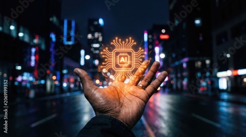 African american man holding glowing artificial intelligence chip icon above palm. Future technology and digital transformation concept. Advanced innovation for modern urban business life.