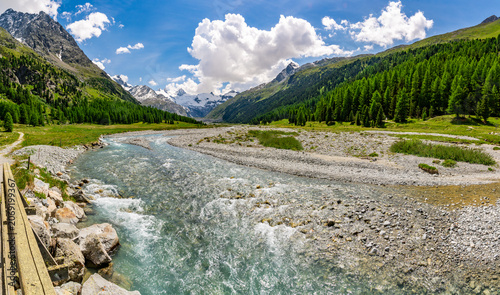 View of the Roseg Valley, photographed in summer, with its glaciers and vegetation.
