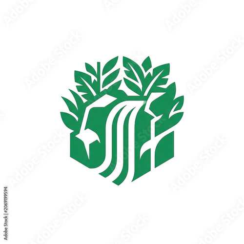 Green nature emblem with abstract waterfall and leaves